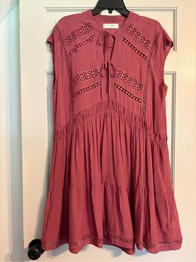Lucky Brand Large Rose-Mauve Sleeveless Crochet Tie-Neck Drop Waist Dress